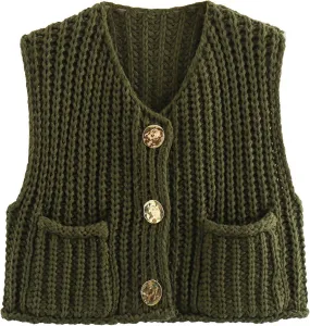 Ainangua Sleeveless Cropped Cardigan for Women Casual Chunky Knit Tank Tops Button Down Open Front Sweater Vest with Pockets