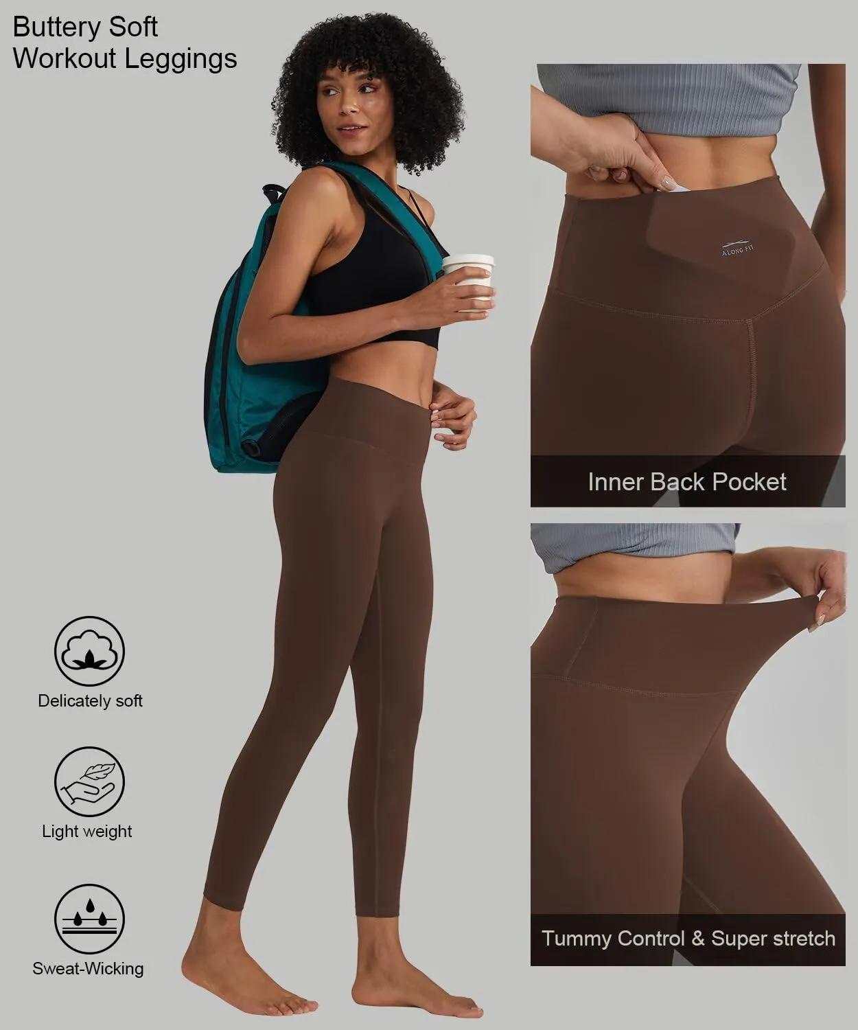 ALONG FIT High Waisted Leggings with Pockets, Tummy Control Workout Leggings for Women 25’’ Soft Yoga Pants Gym Sport Lounge