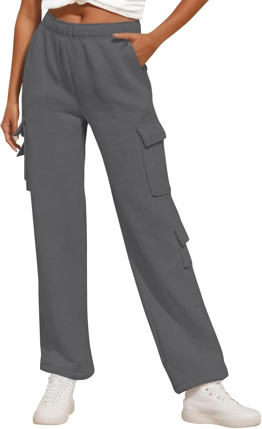 Baggy Cargo Sweatpants for Women Vintage Straight Leg Fleece Lined Sweat Pants Comfy High Waisted Joggers w/Pockets