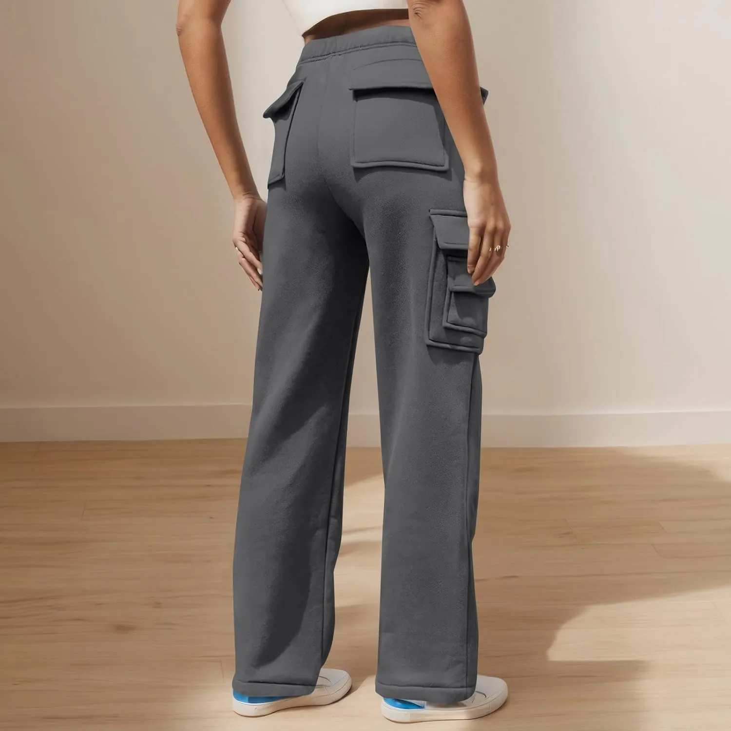 Baggy Cargo Sweatpants for Women Vintage Straight Leg Fleece Lined Sweat Pants Comfy High Waisted Joggers w/Pockets