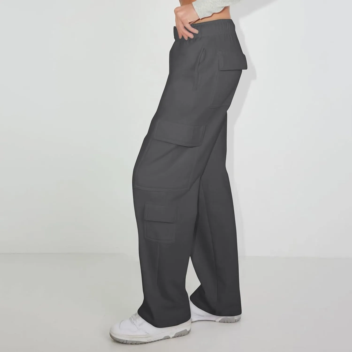 Baggy Cargo Sweatpants for Women Vintage Straight Leg Fleece Lined Sweat Pants Comfy High Waisted Joggers w/Pockets