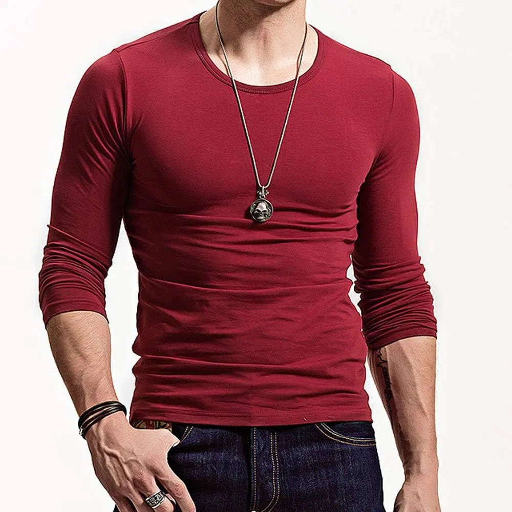 Fitting Men Soft Stretchy Long Sleeves Athletic Muscle Cotton T Shirt