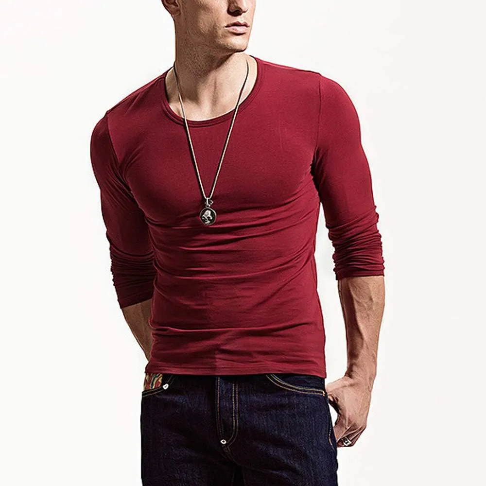 Fitting Men Soft Stretchy Long Sleeves Athletic Muscle Cotton T Shirt