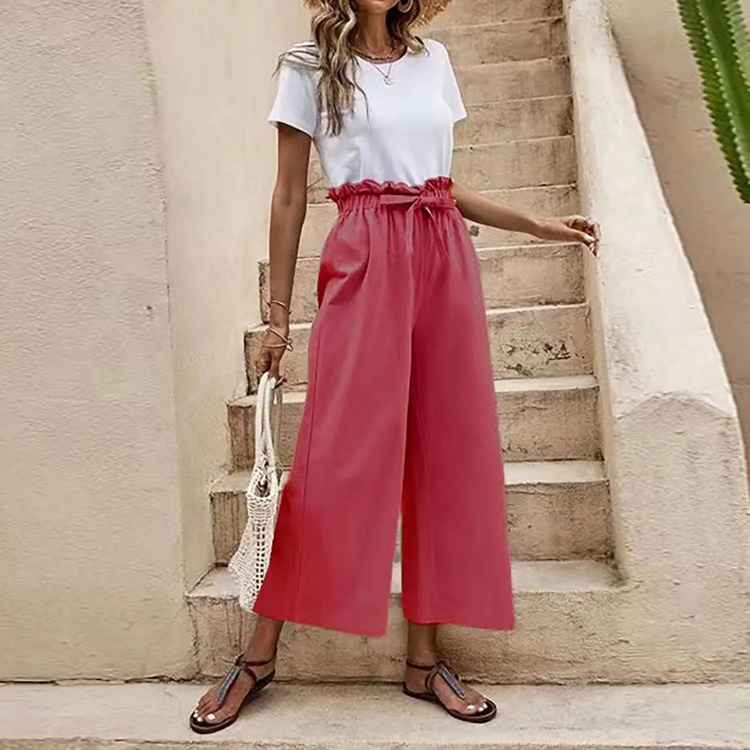JOAU Womens High Waisted Palazzo Pant Ruched Tie Knot Wide Leg Long Trousers Straight Leg Business Work Casual Loose Pants