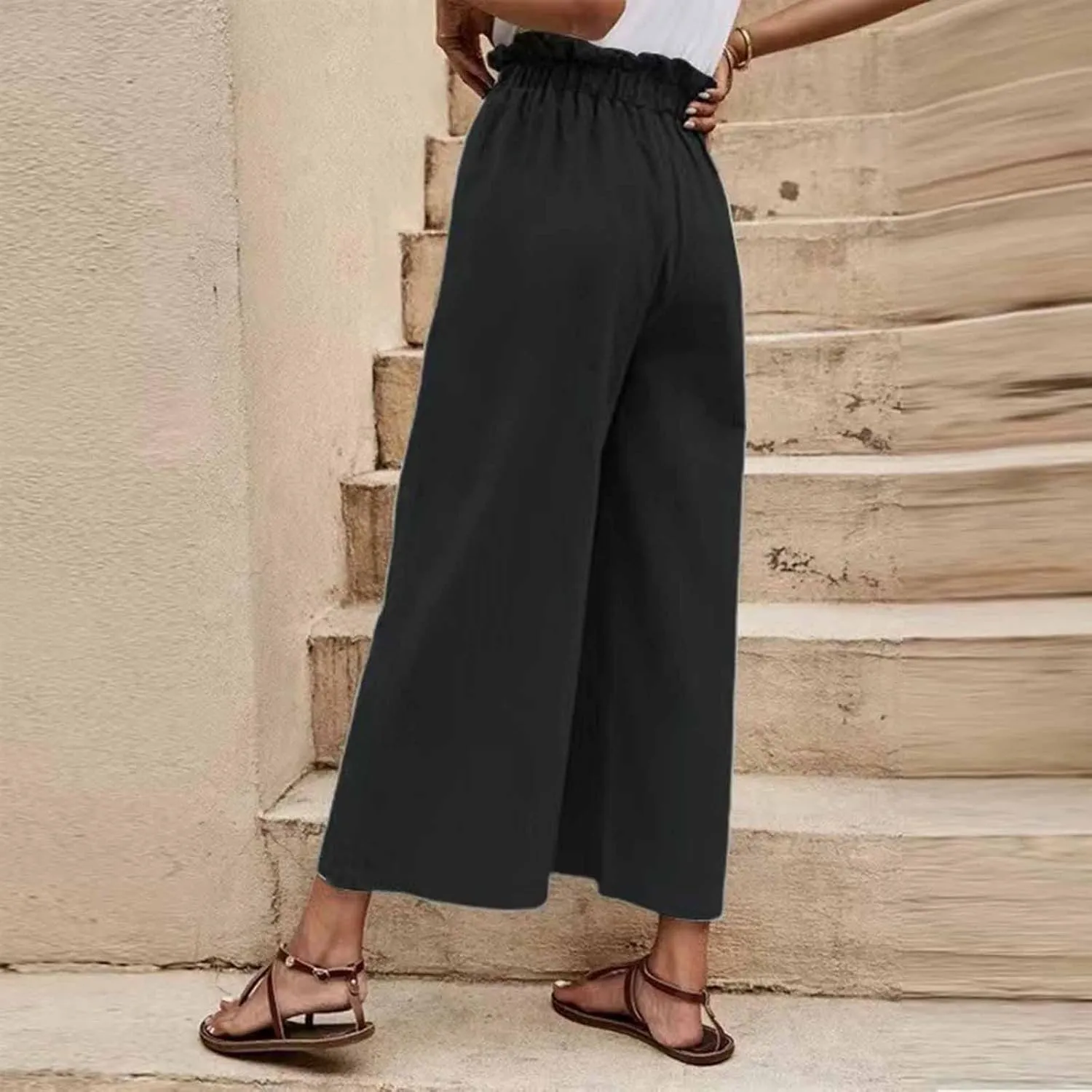 JOAU Womens High Waisted Palazzo Pant Ruched Tie Knot Wide Leg Long Trousers Straight Leg Business Work Casual Loose Pants