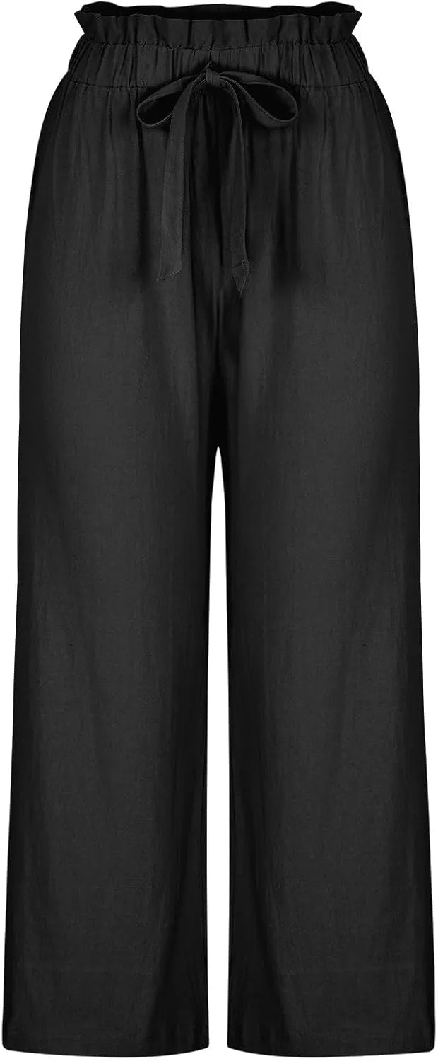 JOAU Womens High Waisted Palazzo Pant Ruched Tie Knot Wide Leg Long Trousers Straight Leg Business Work Casual Loose Pants