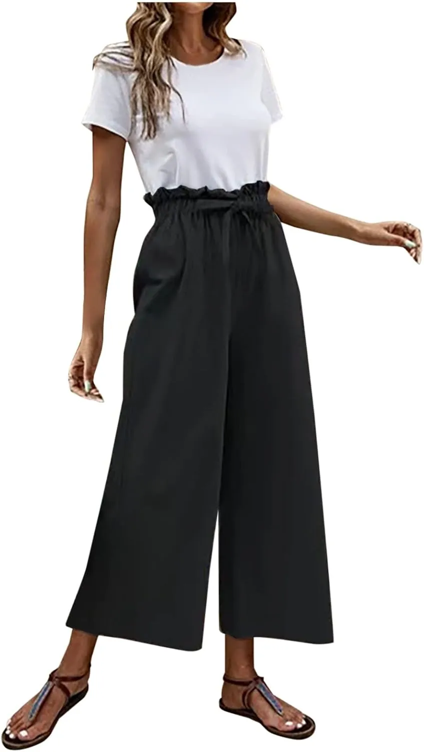 JOAU Womens High Waisted Palazzo Pant Ruched Tie Knot Wide Leg Long Trousers Straight Leg Business Work Casual Loose Pants