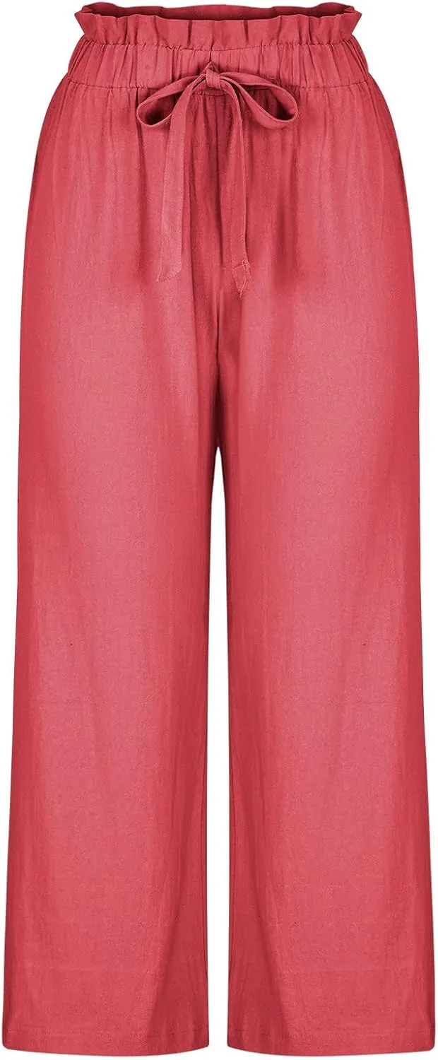 JOAU Womens High Waisted Palazzo Pant Ruched Tie Knot Wide Leg Long Trousers Straight Leg Business Work Casual Loose Pants