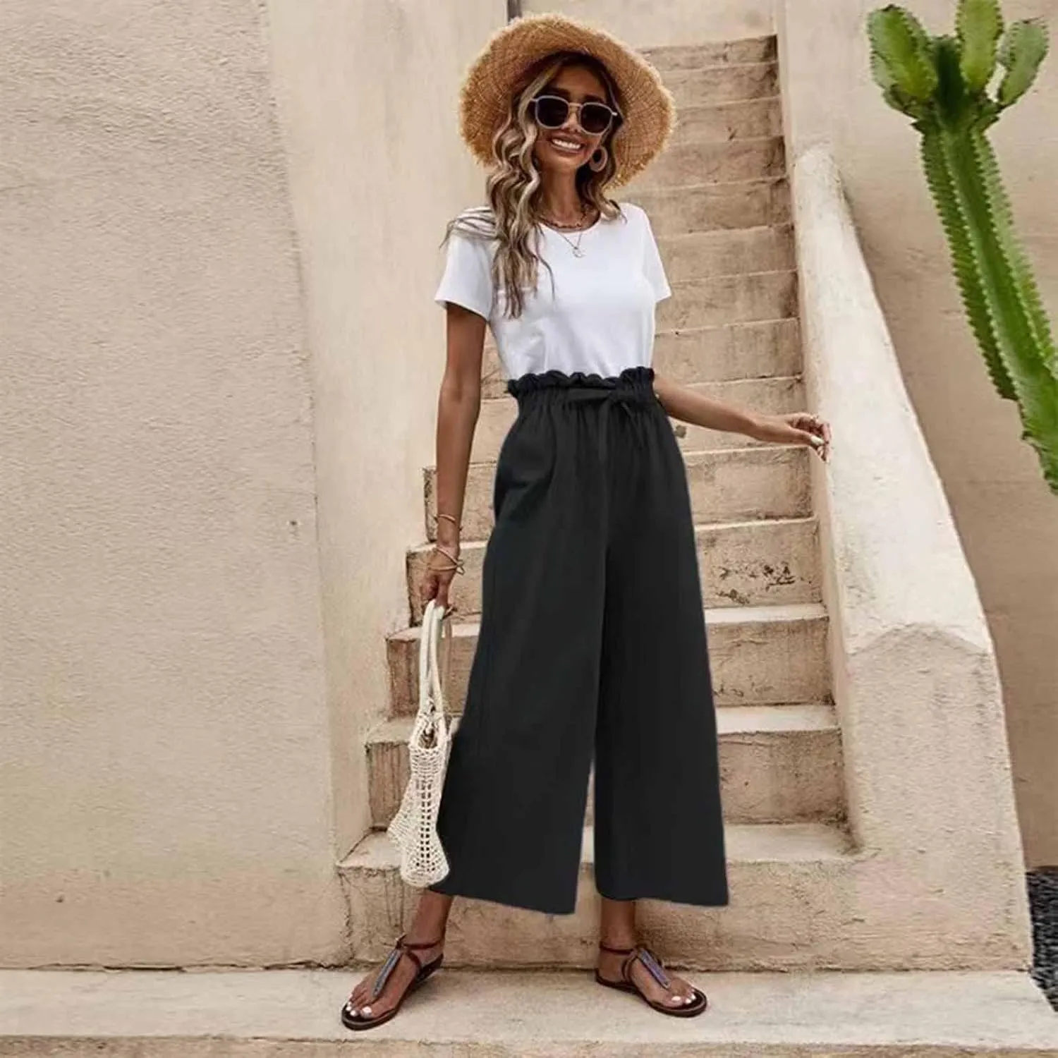 JOAU Womens High Waisted Palazzo Pant Ruched Tie Knot Wide Leg Long Trousers Straight Leg Business Work Casual Loose Pants