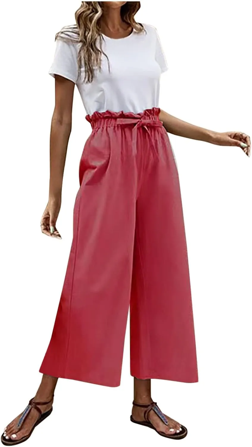 JOAU Womens High Waisted Palazzo Pant Ruched Tie Knot Wide Leg Long Trousers Straight Leg Business Work Casual Loose Pants