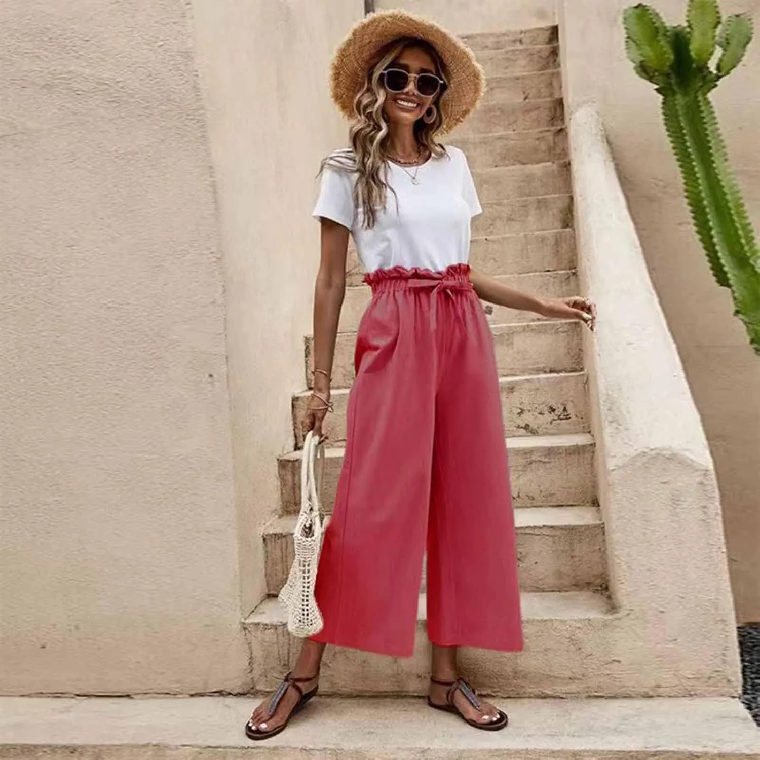 JOAU Womens High Waisted Palazzo Pant Ruched Tie Knot Wide Leg Long Trousers Straight Leg Business Work Casual Loose Pants