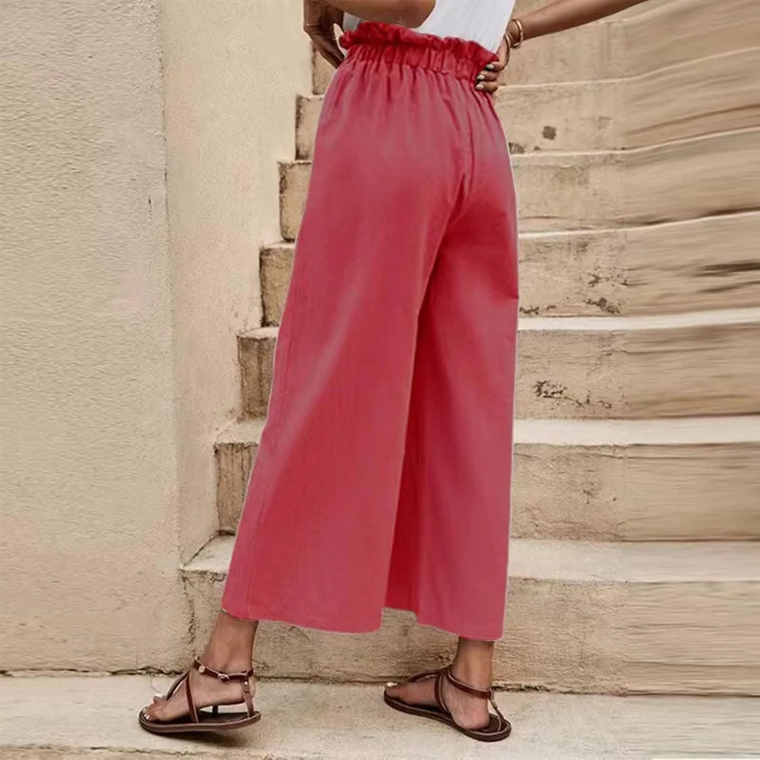 JOAU Womens High Waisted Palazzo Pant Ruched Tie Knot Wide Leg Long Trousers Straight Leg Business Work Casual Loose Pants