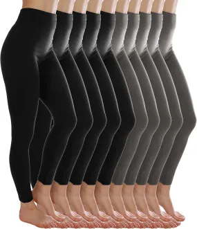 Kuda Moda 10 Pack Women's Winter Fleece Lined Brushed Warm Full Length Thermal Leggings - One Size fits 0-12 (S, M, L)