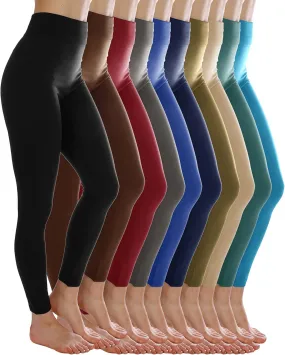 Kuda Moda 10 Pack Women's Winter Fleece Lined Brushed Warm Full Length Thermal Leggings - One Size fits 0-12 (S, M, L)
