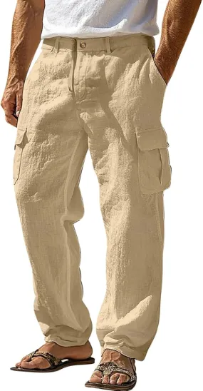 Mens Cargo Pants Lightweight Loose Comfy Linen Trousers Casual Multiple Pockets Work Hiking Pants Outdoor Slacks