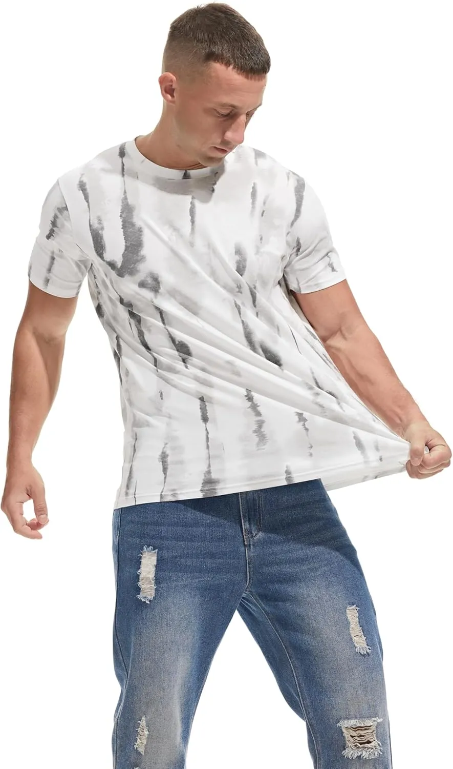Men's Lightweight Crew Neck T Shirt - Fitted Elastic Tees Ultra Soft Print Tshirts