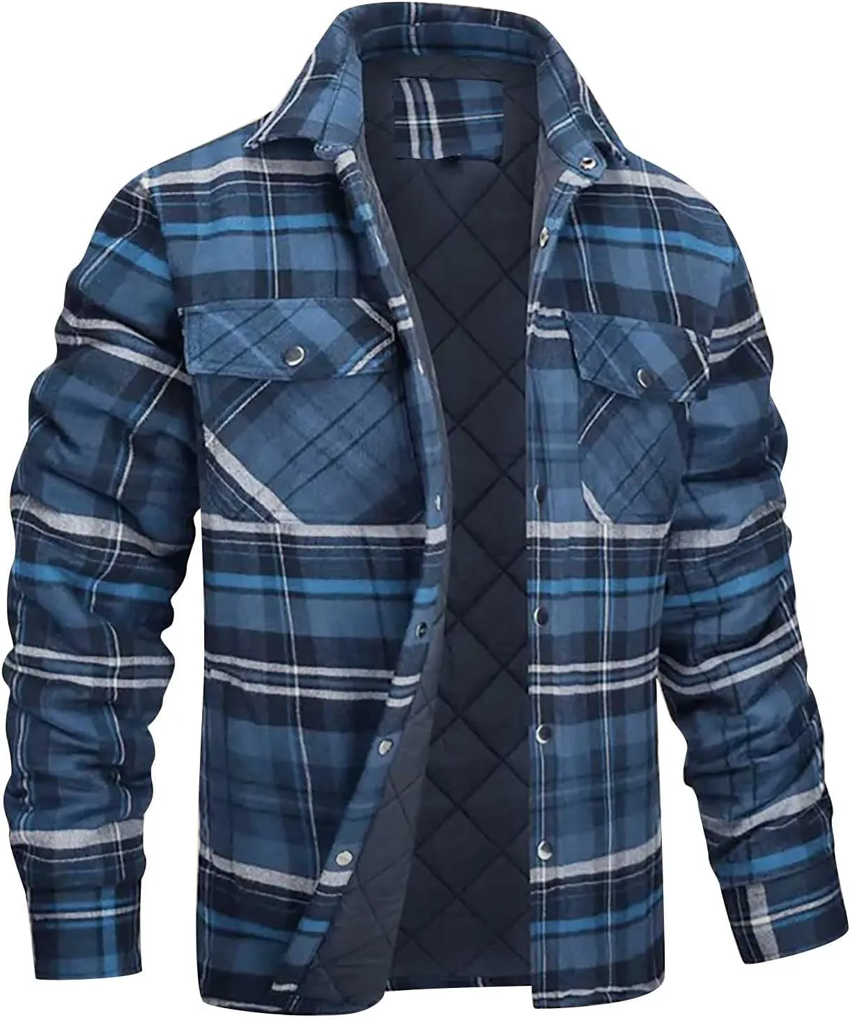 Mens Sherpa Fleece Quilted Lined Flannel Shirt Jacket Warm Button Down Plaid Shirts Winter Lapel Cardigans Coats