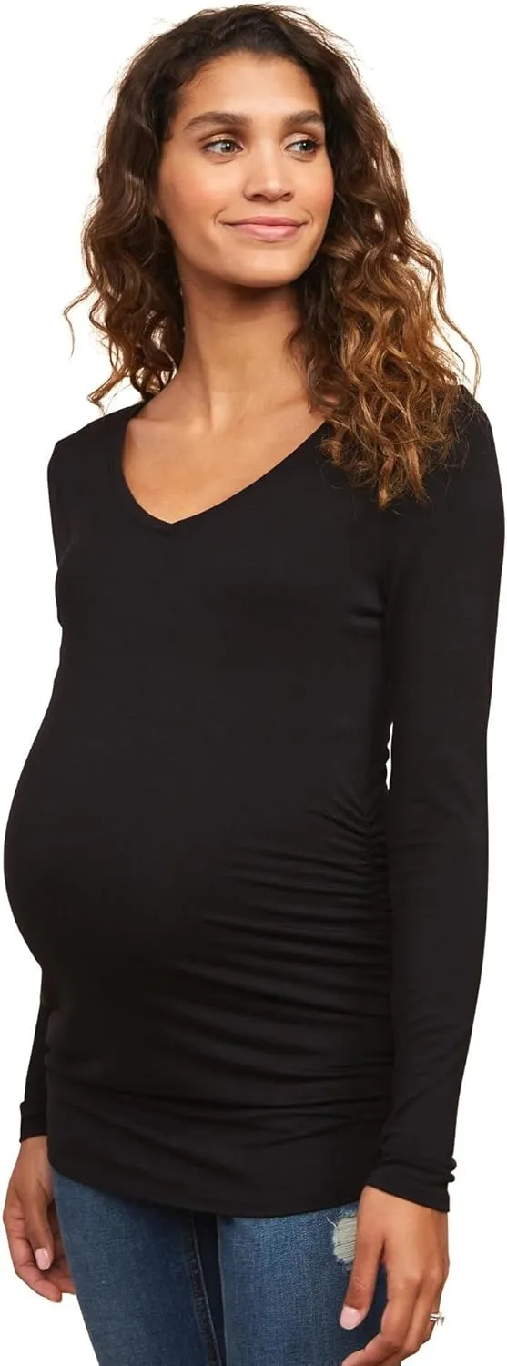 Motherhood Maternity Women's Maternity Long Sleeve V-Neck Side Ruched Fashion Tee Shirt