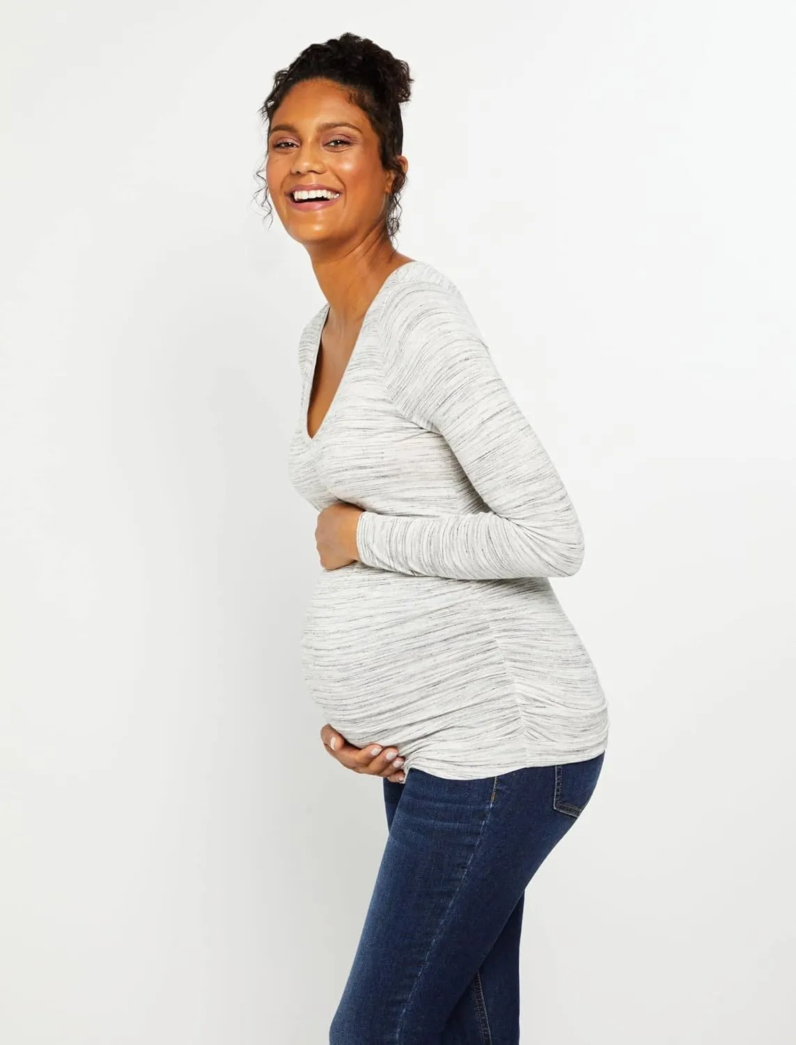 Motherhood Maternity Women's Maternity Long Sleeve V-Neck Side Ruched Fashion Tee Shirt