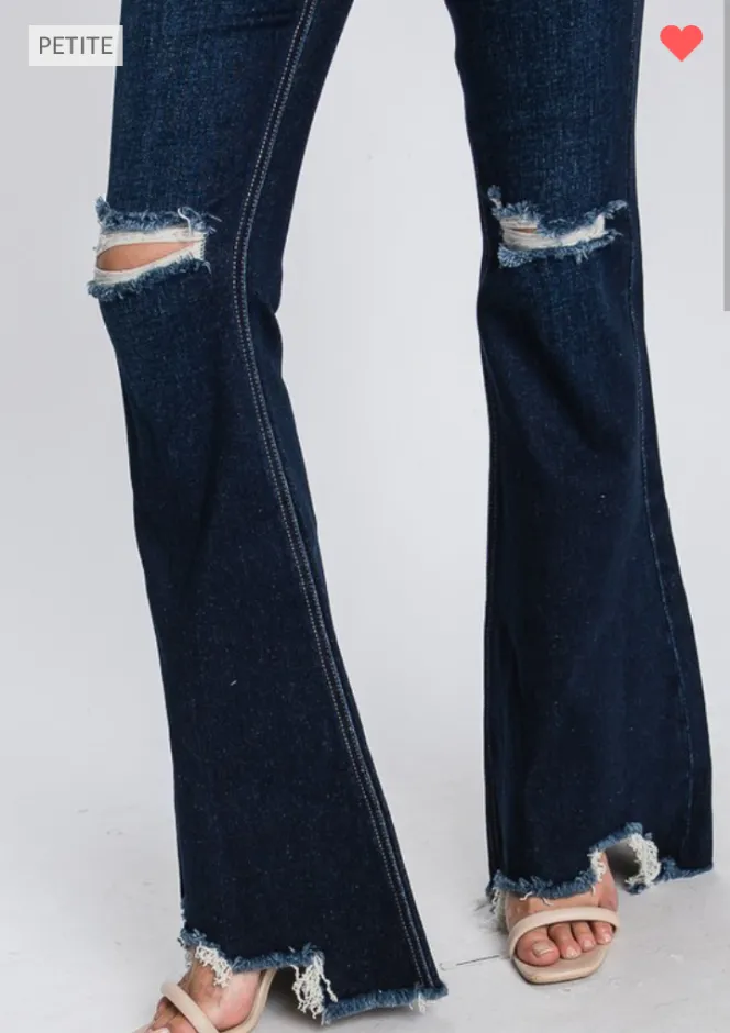 Petite - High Rise Destroyed Super Flare w/Frayed Hem -  Dark Wash
