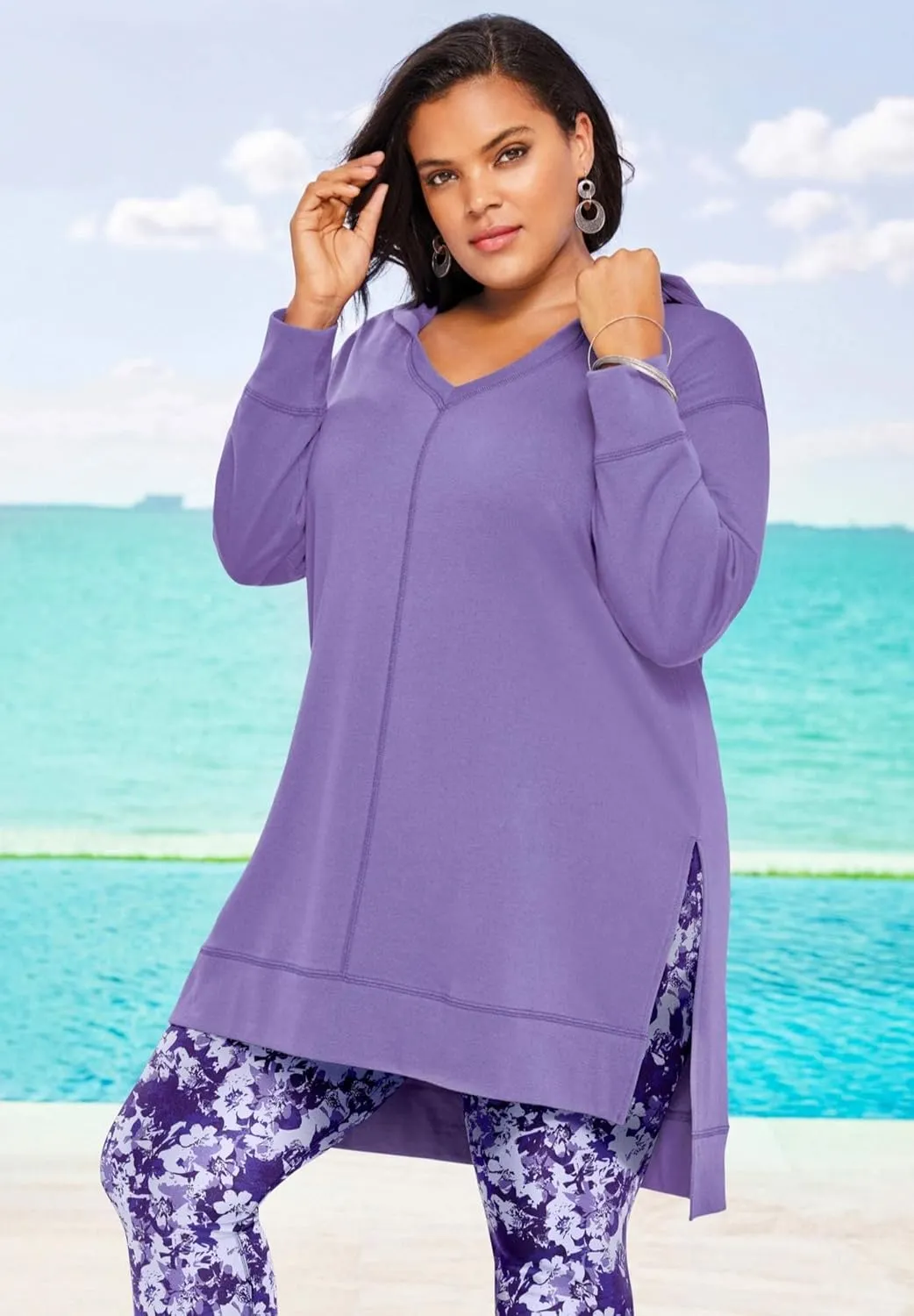 Roaman's Women's Plus Size French Terry Hoodie Tunic Sweatshirt