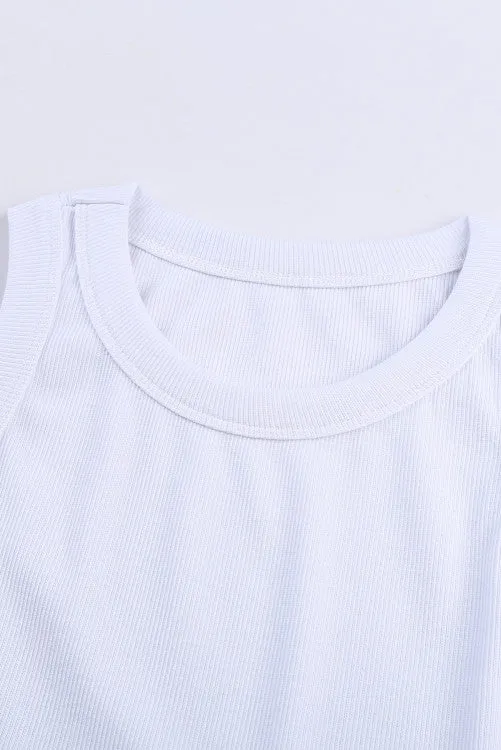 Solid White Round Neck Ribbed Tank Top