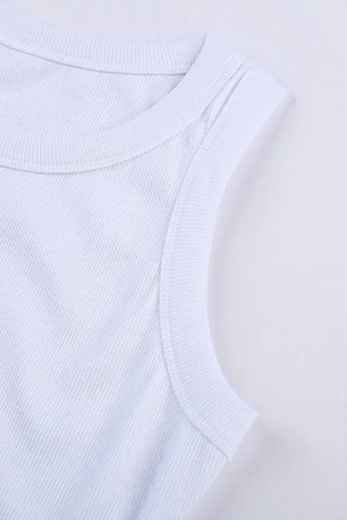 Solid White Round Neck Ribbed Tank Top