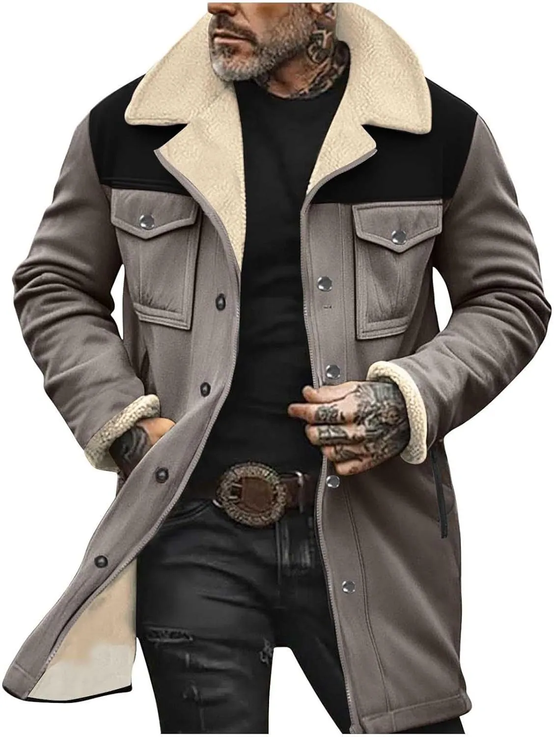 Vintage Suede Trench Coats Plush Reverse Collar Mens Outdoor Jacket Retro Warm Winter Sherpa Fleece Lined Outerwear