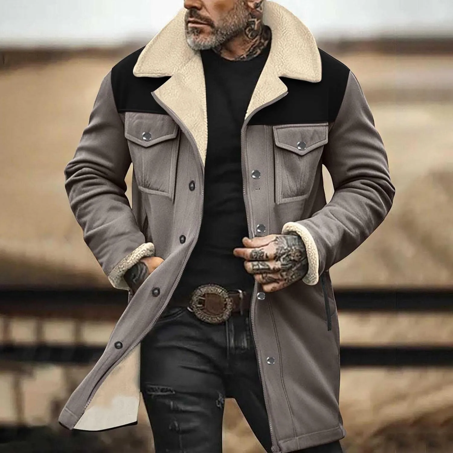 Vintage Suede Trench Coats Plush Reverse Collar Mens Outdoor Jacket Retro Warm Winter Sherpa Fleece Lined Outerwear