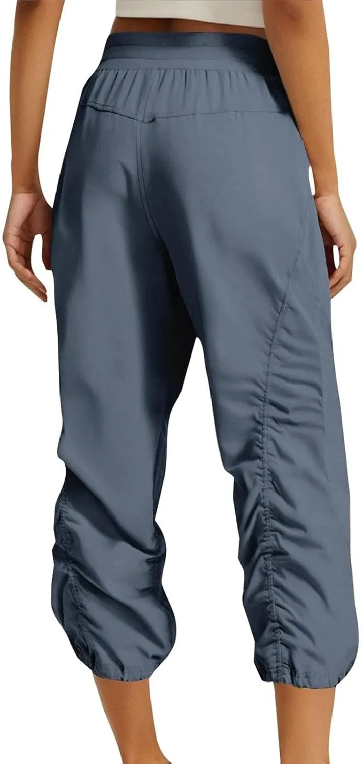 Women Capri Pants Casual Drawstring Elastic High Waisted Pant Quick Dry Tapered Pant Athletic Workout Hiking Trousers