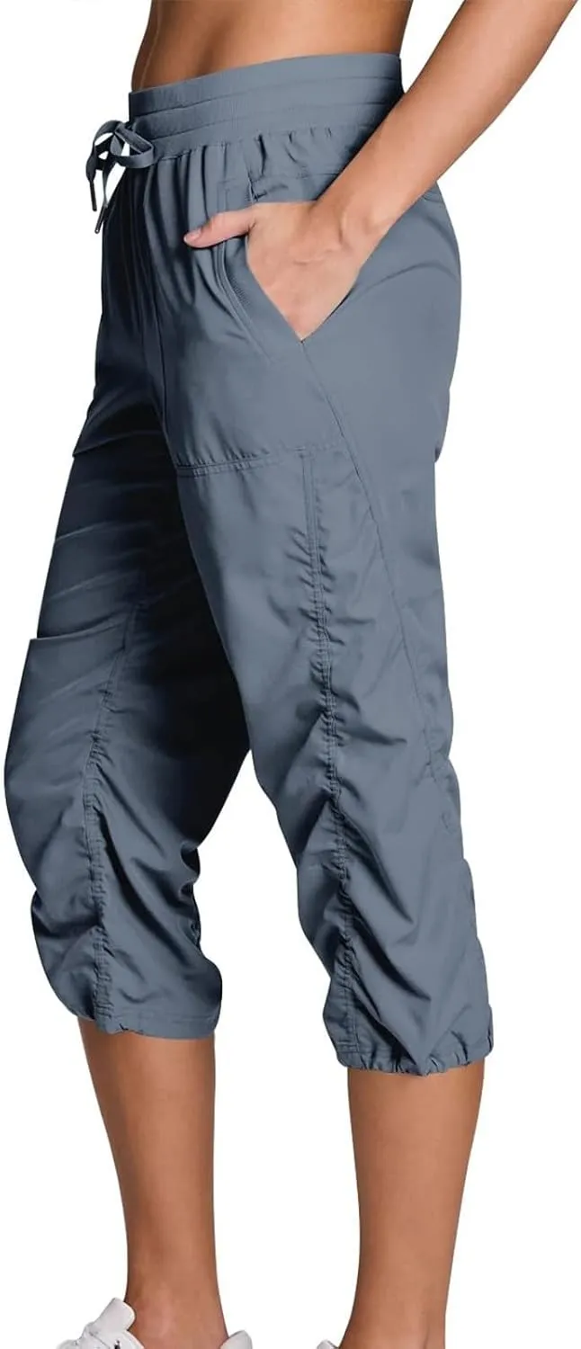 Women Capri Pants Casual Drawstring Elastic High Waisted Pant Quick Dry Tapered Pant Athletic Workout Hiking Trousers