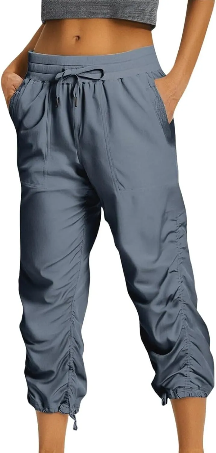 Women Capri Pants Casual Drawstring Elastic High Waisted Pant Quick Dry Tapered Pant Athletic Workout Hiking Trousers