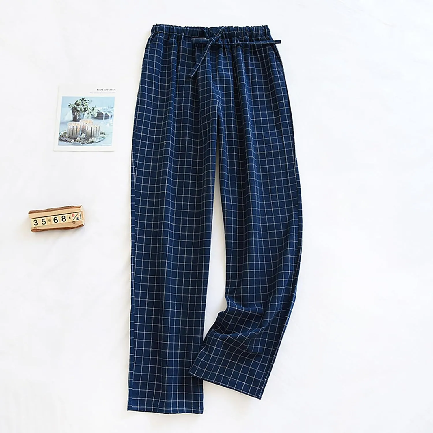 Women Casual Pants Stylish Grid Graphic Straight Leg Drawstring Elastic High Waist Loose Comfy Trousers with Pocket