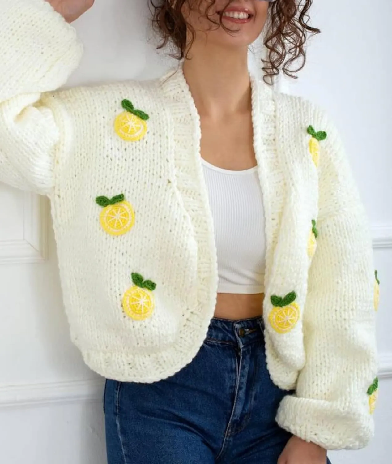 Women Cute Cropped Cardigan Y2k Fruit Graphic Open Front Sweater 3D Floral Chunky Knit Shrug Aesthetic Clothes