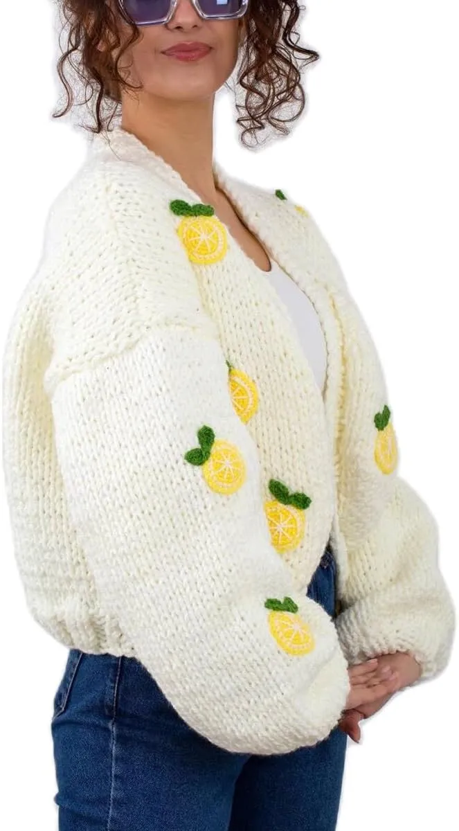 Women Cute Cropped Cardigan Y2k Fruit Graphic Open Front Sweater 3D Floral Chunky Knit Shrug Aesthetic Clothes