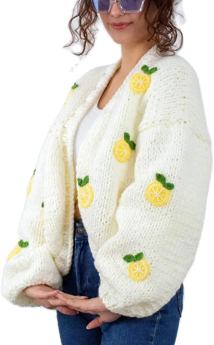 Women Cute Cropped Cardigan Y2k Fruit Graphic Open Front Sweater 3D Floral Chunky Knit Shrug Aesthetic Clothes