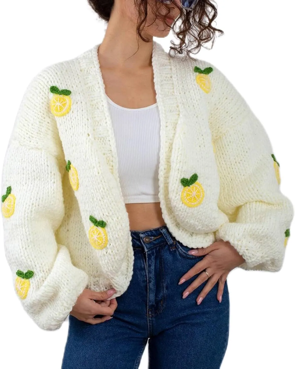 Women Cute Cropped Cardigan Y2k Fruit Graphic Open Front Sweater 3D Floral Chunky Knit Shrug Aesthetic Clothes