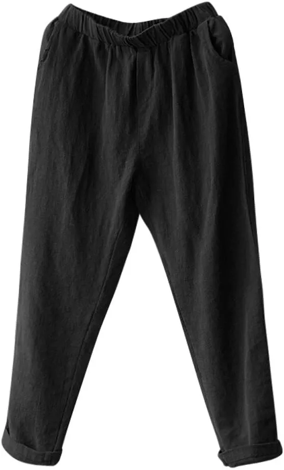 Women Summer Cotton Linen Pants Solid Color Wide Leg Straight Long Trousers High Waist Casual Loose Leg Pants