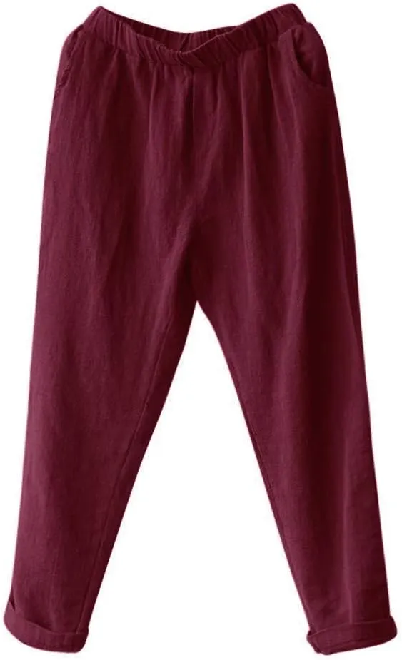 Women Summer Cotton Linen Pants Solid Color Wide Leg Straight Long Trousers High Waist Casual Loose Leg Pants