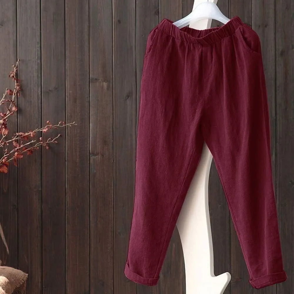 Women Summer Cotton Linen Pants Solid Color Wide Leg Straight Long Trousers High Waist Casual Loose Leg Pants