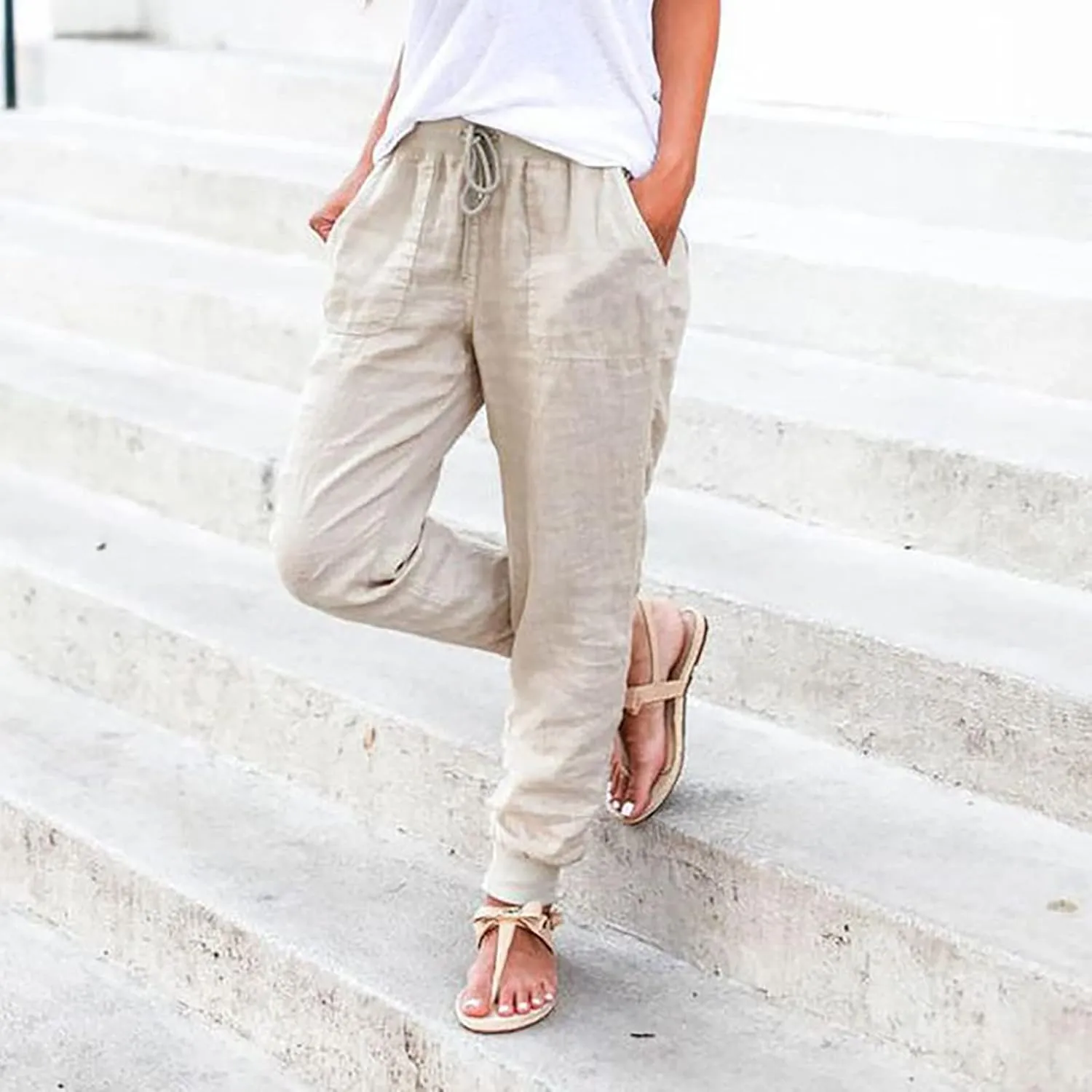 Women's Cotton Linen Jogger Pants Tapered Leg Summer Lightweight Drawstring Elastic Waist Joggers Casual Trousers