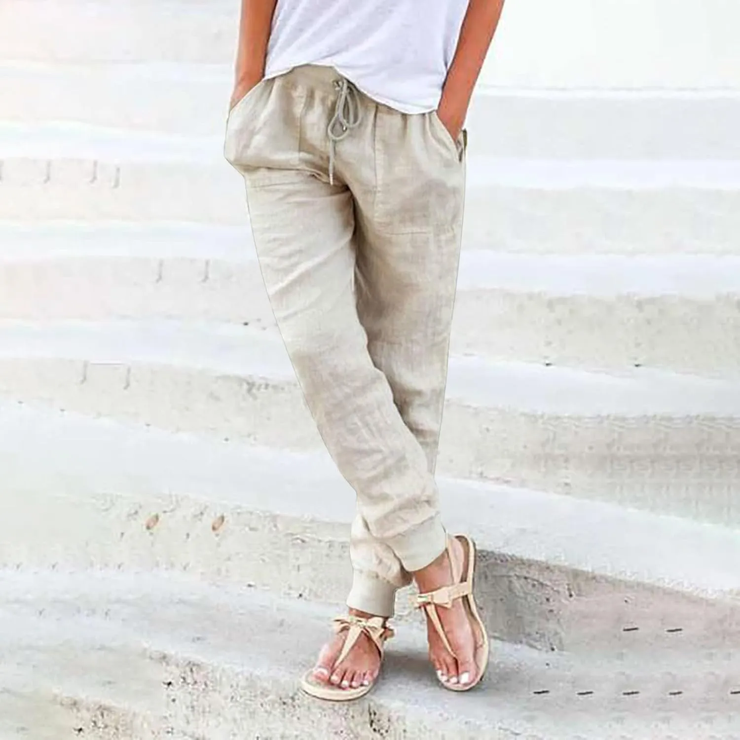 Women's Cotton Linen Jogger Pants Tapered Leg Summer Lightweight Drawstring Elastic Waist Joggers Casual Trousers