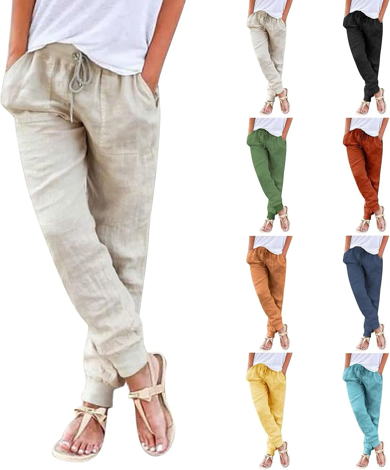 Women's Cotton Linen Jogger Pants Tapered Leg Summer Lightweight Drawstring Elastic Waist Joggers Casual Trousers