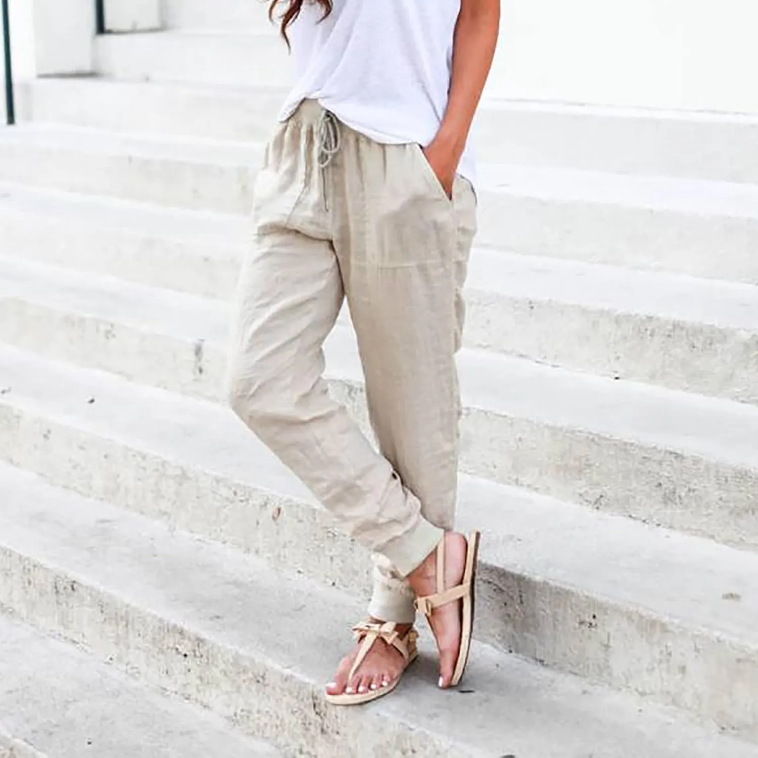 Women's Cotton Linen Jogger Pants Tapered Leg Summer Lightweight Drawstring Elastic Waist Joggers Casual Trousers