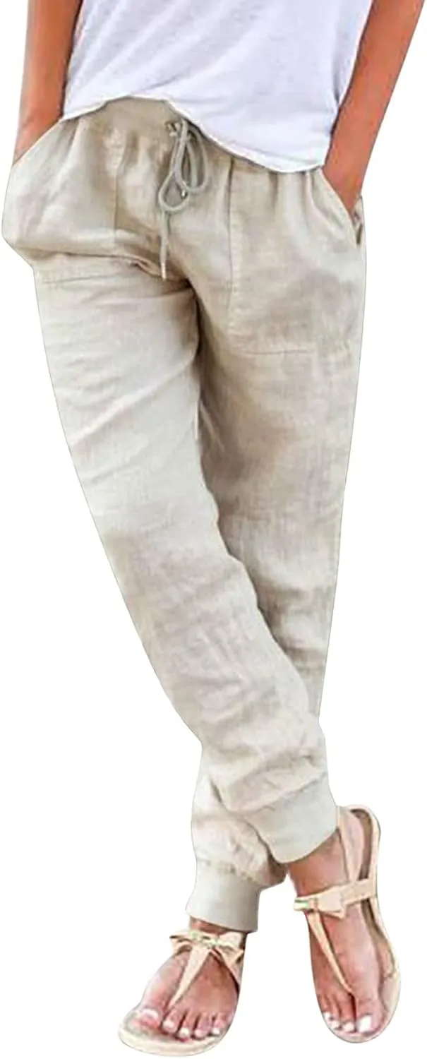 Women's Cotton Linen Jogger Pants Tapered Leg Summer Lightweight Drawstring Elastic Waist Joggers Casual Trousers