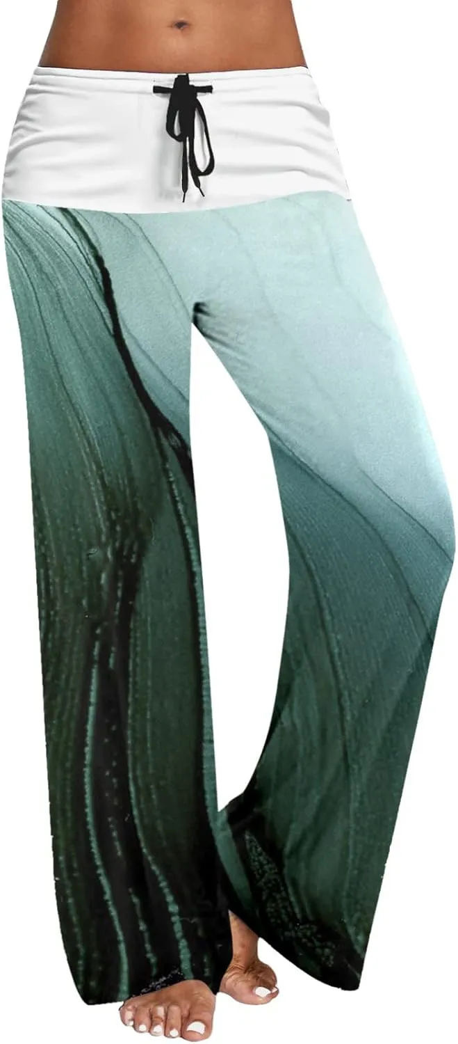Womens High Elastic Waist Wide Leg Pants Printed Loose Yoga Pants Casual Long Trousers Straight Fashion Pajamas