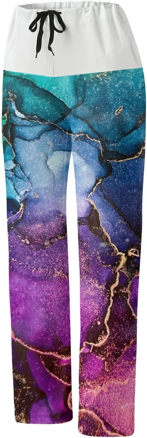 Womens High Elastic Waist Wide Leg Pants Printed Loose Yoga Pants Casual Long Trousers Straight Fashion Pajamas
