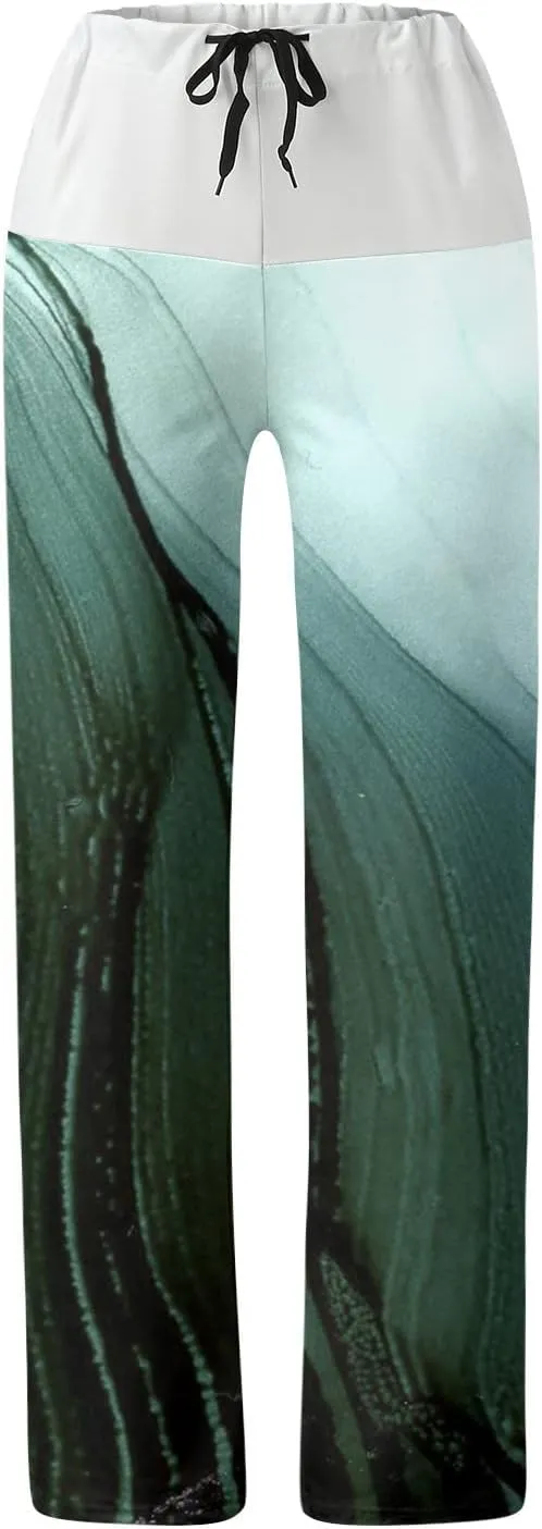 Womens High Elastic Waist Wide Leg Pants Printed Loose Yoga Pants Casual Long Trousers Straight Fashion Pajamas