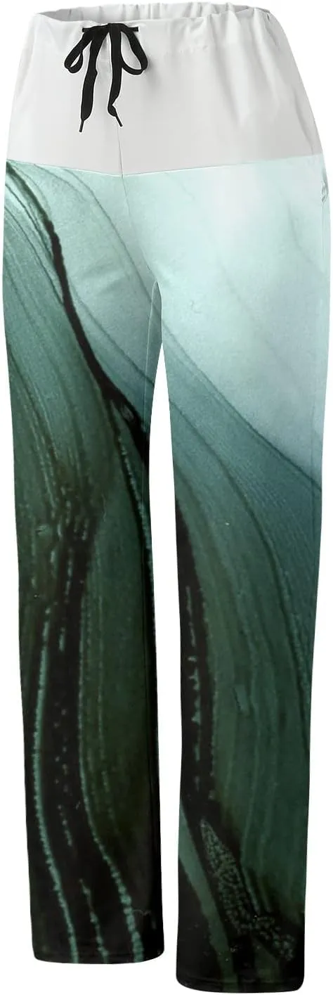 Womens High Elastic Waist Wide Leg Pants Printed Loose Yoga Pants Casual Long Trousers Straight Fashion Pajamas