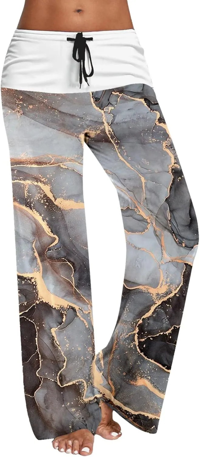 Womens High Elastic Waist Wide Leg Pants Printed Loose Yoga Pants Casual Long Trousers Straight Fashion Pajamas